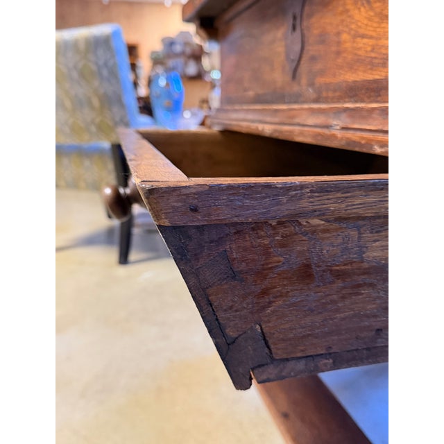Brown Antique 19th Century European Oak Box Table With Trestle Base and Sliding Storage Compartment For Sale - Image 8 of 10
