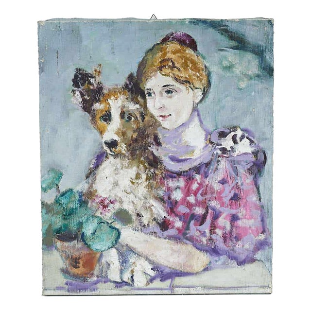 Italian Artist, Girl with Dog, Oil on Canvas For Sale