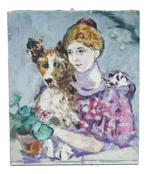 Italian Artist, Girl with Dog, Oil on Canvas