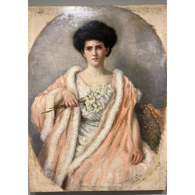 American 1900s Oil Painting Portrait of a Lady With a Daffodil on Canvas Signed C. Noebel For Sale - Image 3 of 5