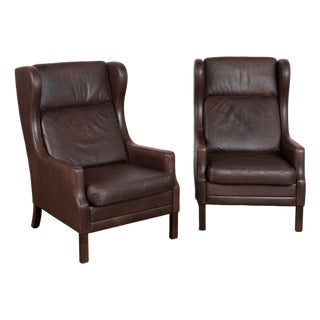 Pair, Mid Century Brown Leather Wingback Chairs From Denmark For Sale