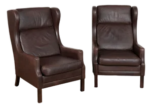 Pair, Mid Century Brown Leather Wingback Chairs From Denmark