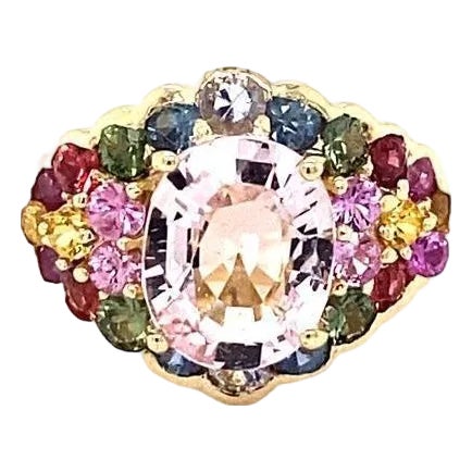 4.83 Carat Pink Morganite Multicolor Sapphire Yellow Gold Cocktail Ring, Size 5.5 For Sale
