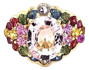 4.83 Carat Pink Morganite Multicolor Sapphire Yellow Gold Cocktail Ring, Size 5.5