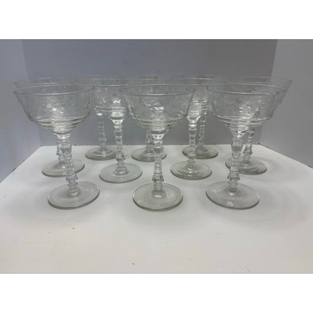 Glass Set of 10 Vintage Rock Sharpe Etched Champagne Coupes – Halifax Style – Faceted Stem Hostess Set Mid-Century Traditional For Sale - Image 7 of 9