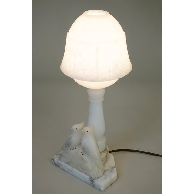Stone 1930s Art Deco Carved Alabaster Marble Two Love Birds Sculpture FairyTable Lamp Italy For Sale - Image 7 of 14