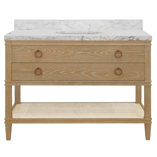 Wood Matthew Izzo Home Cutler 48" Cerused Oak Two Drawer Single Sink Bath Vanity With Open Cane Shelf and Brass Drawer Pulls For Sale - Image 7 of 7