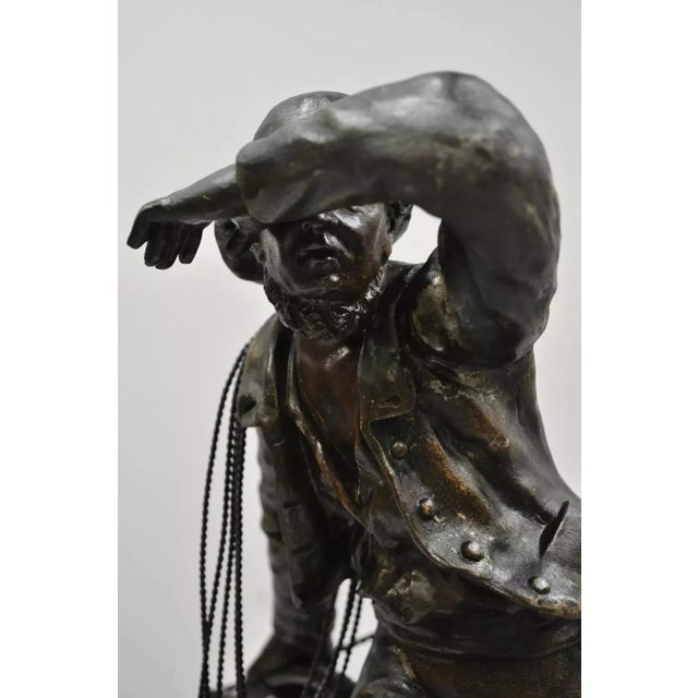 Antique French Spelter Metal Sailor Watchman on Ship Wooden Base, Made in France For Sale - Image 4 of 12