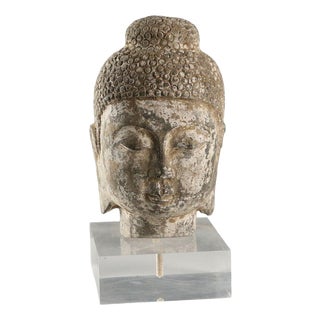 Stone Buddha Head with Acrylic Glass Base For Sale