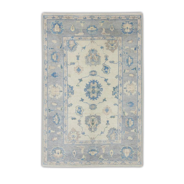 Textile Early 21st Century Blue Floral Handwoven Wool Turkish Oushak Rug 4'10" X 7'7" For Sale - Image 7 of 7