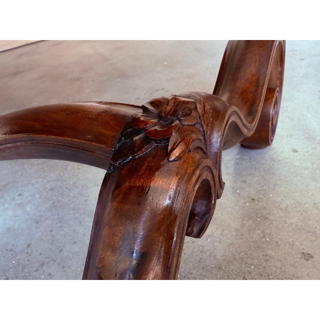 Early 20th Century Spanish Damask Velvet Bench with Back and Walnut Carved Legs For Sale - Image 10 of 18
