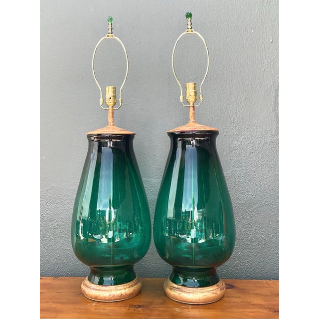 Vintage Emerald Glass Table Lamps - Set of 2 For Sale - Image 9 of 14