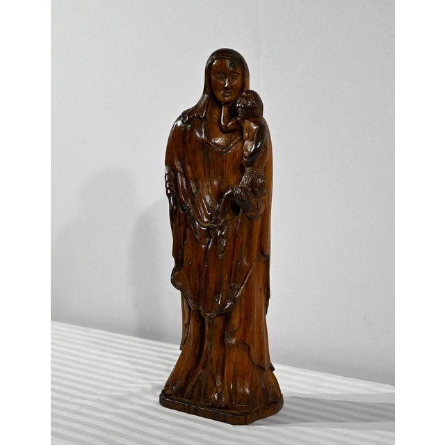 Olive Wood Virgin & Child Sculpture, Late 19th Century For Sale - Image 3 of 16