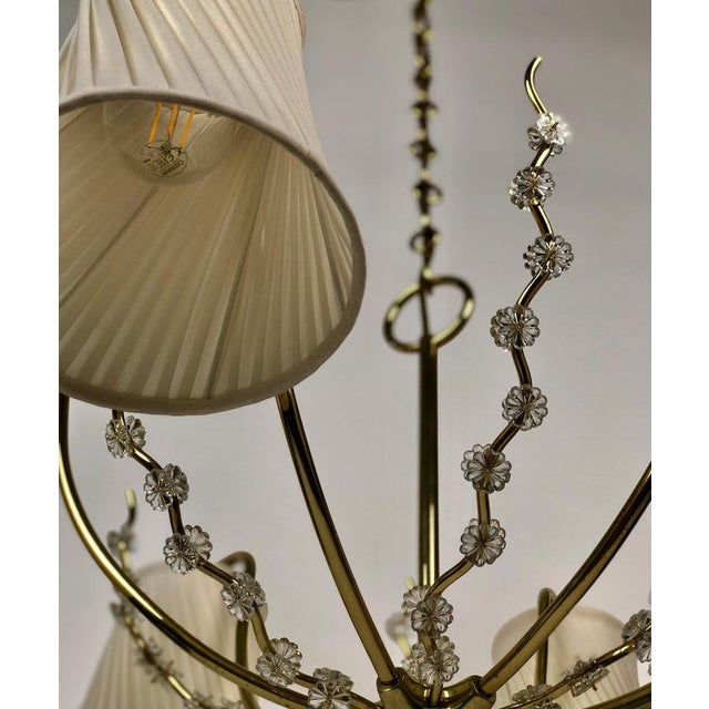 Austrian 6-Arm Chandelier in Brass with Silk Shades attributed to Josef Frank, 1950s For Sale - Image 9 of 18