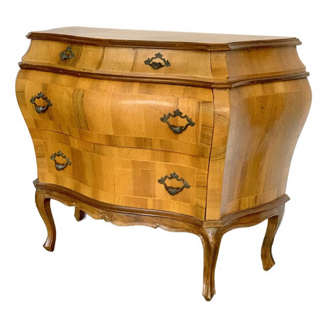 Italian Olive Walnut Bur Lwood Bombe Chest of Drawers For Sale