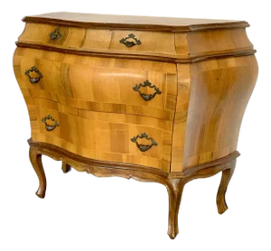Italian Olive Walnut Burl Wood Bombe Chest of Drawers