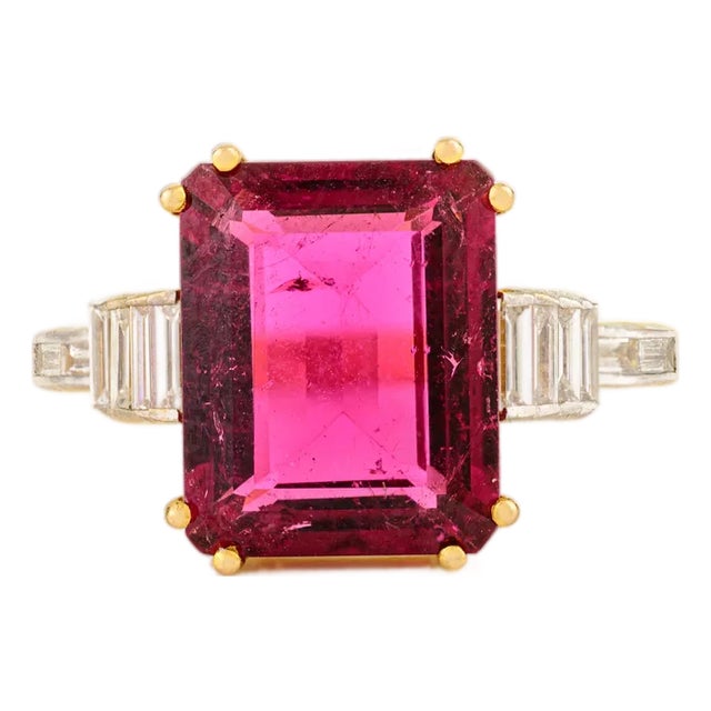 14k Gold Art Deco Tourmaline Baguette Diamond Ring Size 5.5 For Sale