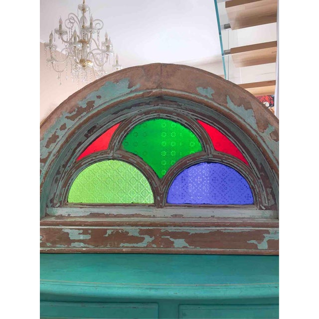 Aqua Antique Indian Teak and Cathedral Glass Overdoor Lunette, First Half of the 20th Century, 1920s For Sale - Image 8 of 15