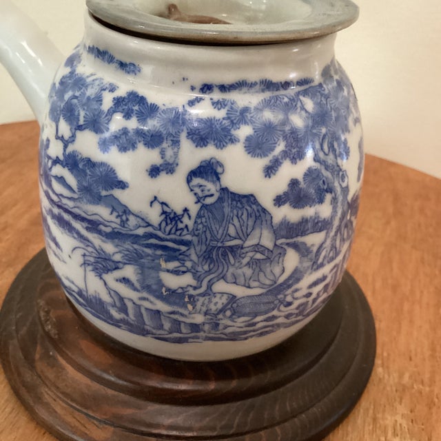 Antique Japanese Kyushu Side-Handle Porcelain Teapot/ Shanshui Scene and Calligraphy Surguch Stamp Wood Base For Sale - Image 11 of 12