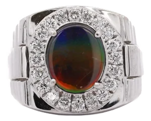 Ammolite & Diamond Halo in 14k White Gold Men's Statement Ring