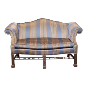 Mid 20th Century Baker Historic Charleston Chinese Chippendale Settee Silk Striped Fabric