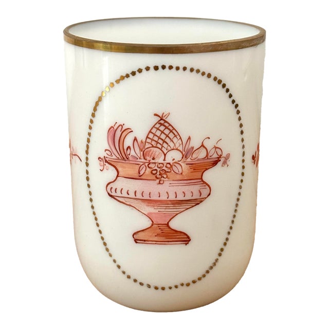 Early 20th Century Semi Opaque Glass Vessel Cup With Hand-Painted Fruit Bowl Motif For Sale