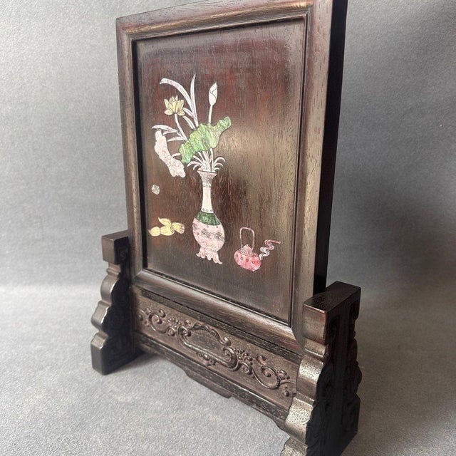 Brown Vintage Chinese Rosewood Table Screen With Mother of Pearl "Antiques" Inlay For Sale - Image 8 of 9