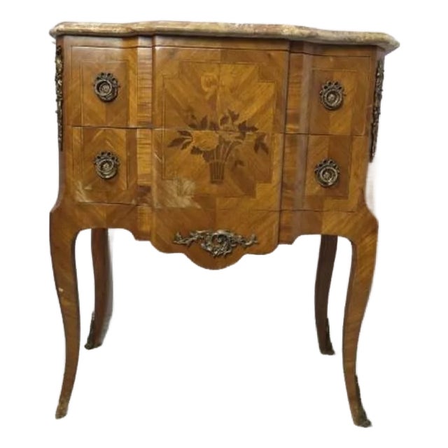 Vintage Louis XVI Style Wood Inlay Marquetry Cabinet, Commode, or End Table, Marble Top, Brass Fixtures and Trim For Sale