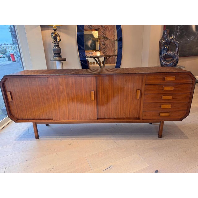 Wood Large Vintage Italian Walnut Sideboard with Pencil Reed and Curved Waterfall Edges, 1960s For Sale - Image 7 of 12