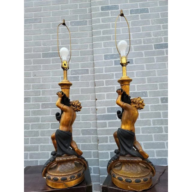 Vintage Cherub/Putti Gilt Table Lamps- Pair For Sale - Image 4 of 9