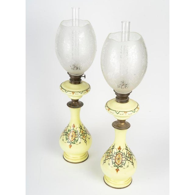19th Century Oil Lamps in Painted Opaline Glass with Crystal Shades, 1890s, Set of 2 For Sale - Image 6 of 8