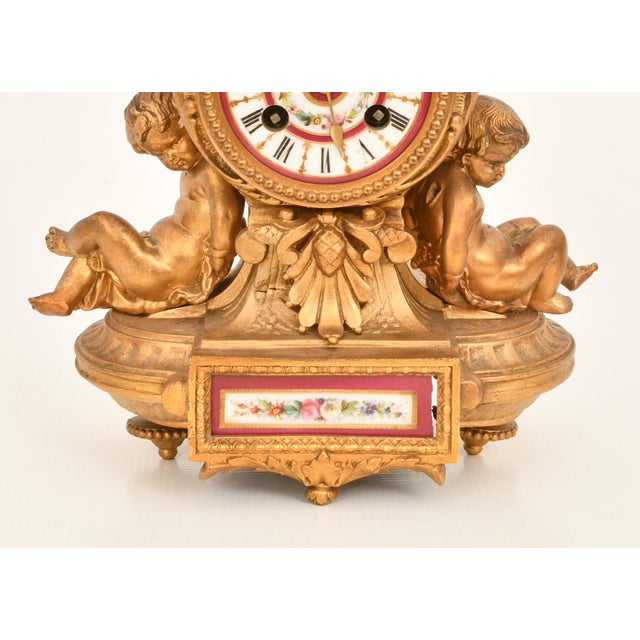 Antique French Gilt Bronze & Porcelain Three-Piece Figural Clock Garniture For Sale - Image 9 of 13