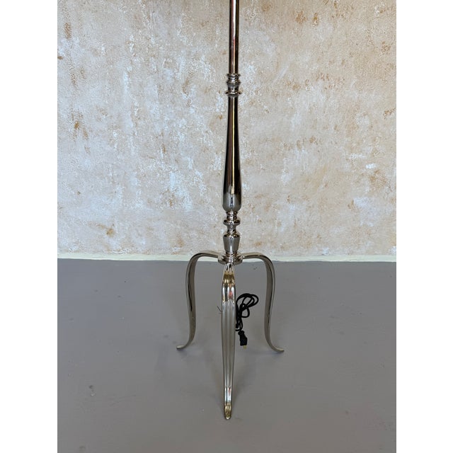 Silver 1950s Pair of French Mid-Century Modern Polished Nickel Tripod Floor Lamps For Sale - Image 8 of 14