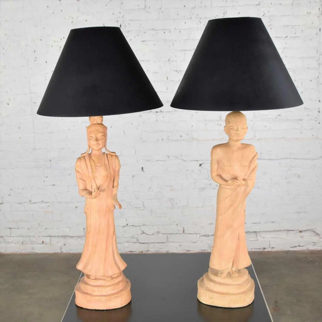 Vintage Hollywood Regency Asian Figural Lamps Style of James Mont W/ Black Tapered Shades - a Pair For Sale - Image 13 of 13
