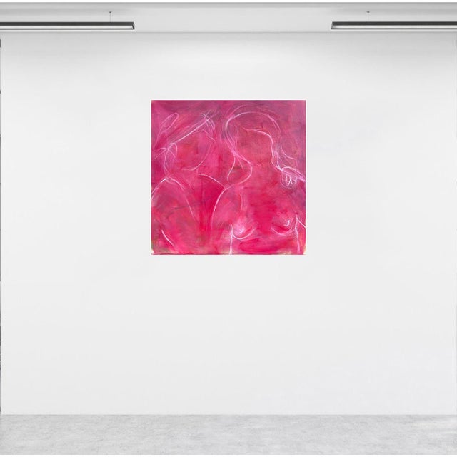“Somewhere Warm” is a contemporary abstract painting built through layers of luminous pink, rose, and raspberry tones....