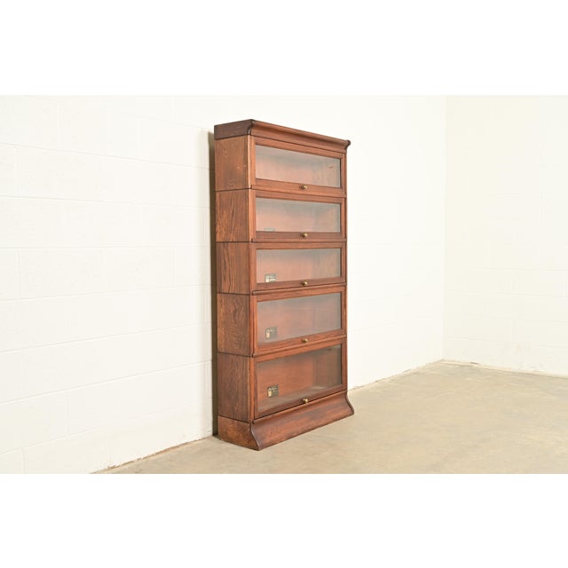 Globe Wernicke Antique Mission Oak Arts & Crafts Viking Five-Stack Barrister Bookcase, Circa 1900 For Sale - Image 4 of 12