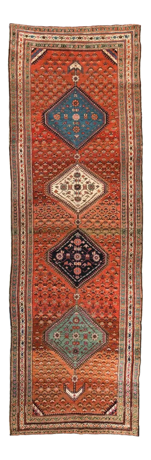 Antique Caucasian Geometric Rust and Blue Karabagh Runner Rug circa 1900-1910s
