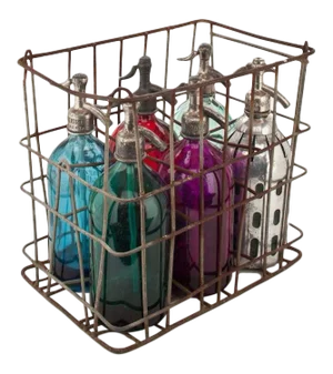 Vintage Seltzer Bottles in Basket - Set of 6