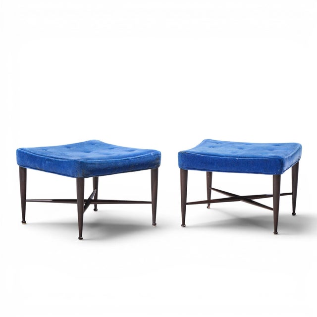 Edward Wormley for Dunbar Model 5002 Mid Century Thebes Mahogany Stools - Pair Each stool measures: 23.5 wide x 23 deep x...