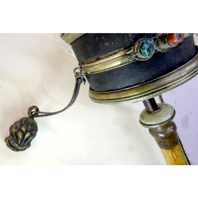 18" Tibetan Prayer Wheel W/Inner Scroll Inlaid Silver 19th Century Monastery Ritual For Sale - Image 11 of 18