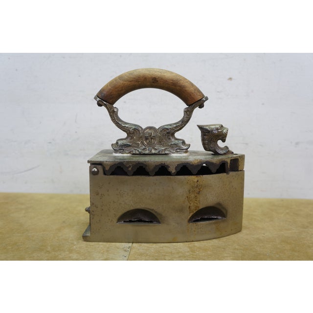 Antique Lion Head Delphin Dolphin Coal Brazier Clothing Iron & Trivet 9" For Sale - Image 10 of 18