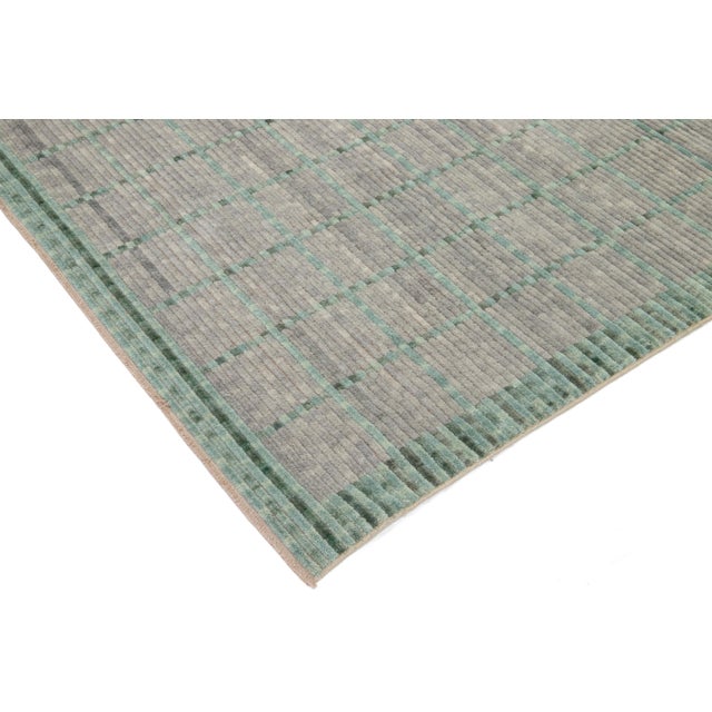 Modern Hand Loom Wool Rug in Gray and Green With Geometric Design For Sale - Image 10 of 11