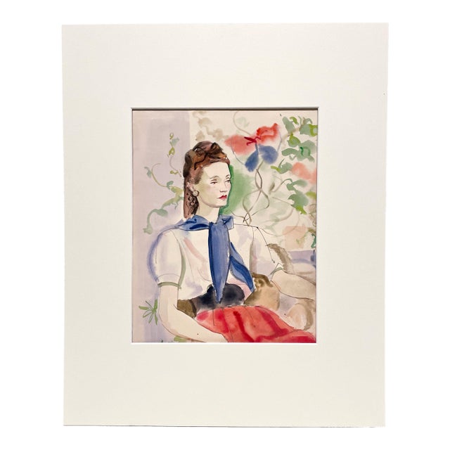 A Stunning 1940s Fashion Illustration Study, Seated Woman in an Interior, by Noted Modern Artist, Andre Delfau For Sale