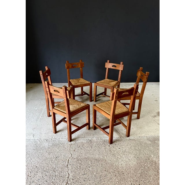 Brown Brutalist Rustic Oak and Rush Dining Chair Set, Belgium, 1960s, Set of 6 For Sale - Image 8 of 18