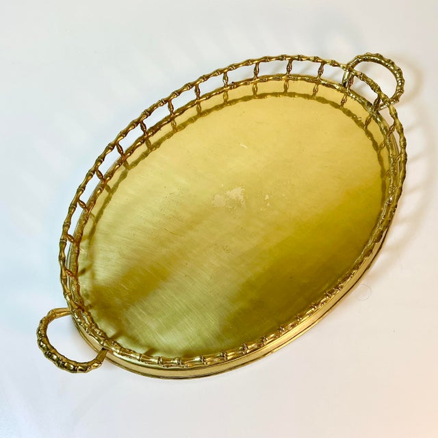 Hollywood Regency Mid-Century Hollywood Regency Boho Chic Coastal Faux Bamboo Brass Tray, Mottahedeh Attributed For Sale - Image 3 of 16