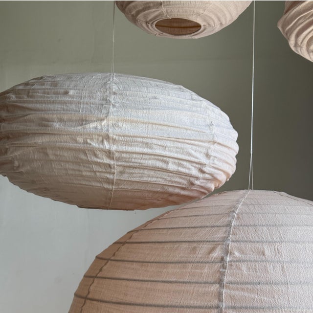 Large Japanese Style Oval Flattened Pink Rattan and Natural Linen Pendant Light, 1980s For Sale - Image 11 of 18