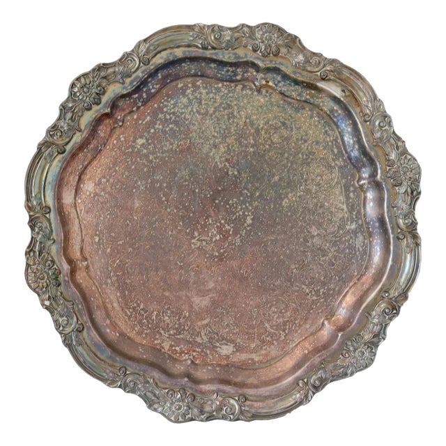 1920s Tarnished Silver-Plate Floral Tray For Sale
