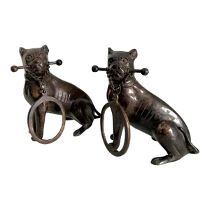Mid 20th Century Bronze Boxer Dog Holding an Oval Picture Frame Bookends - A Pair