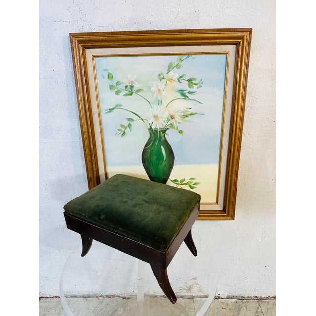 This is a charming still-life painting featuring: • Subject: A bouquet of white daisies with yellow centers and soft green...