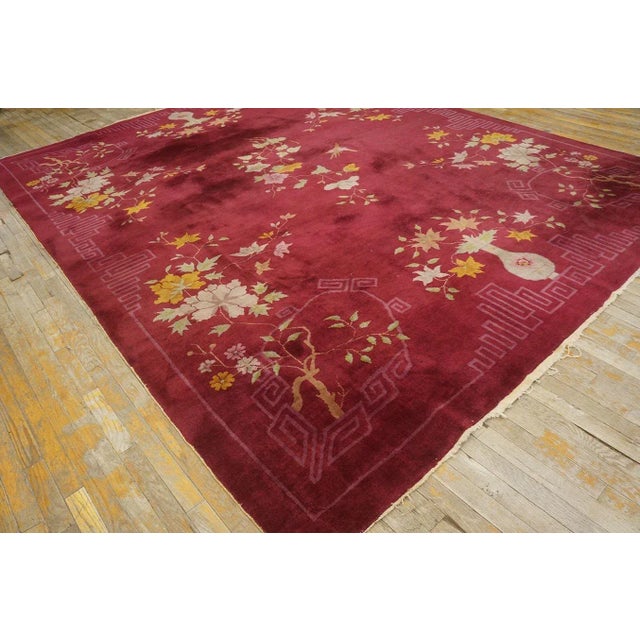 Art Deco Adorable Red-Maroon Background Asymmetric Detail Floral Desing Antique Chinese Art Deco Rug For Sale - Image 3 of 9